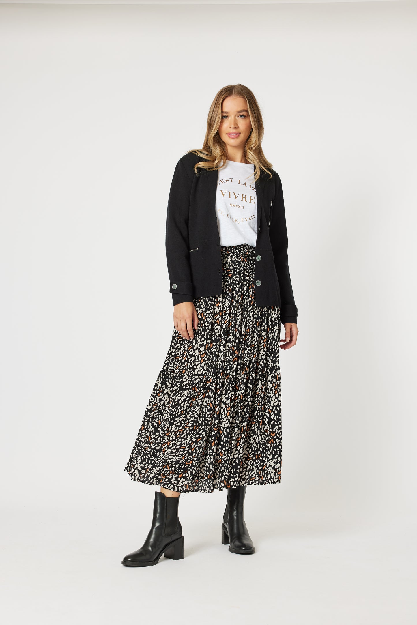Smocked Waist Midi Skirt