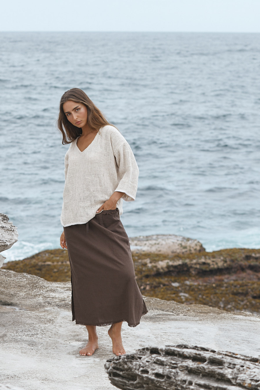 Aroma Cotton Hessian 3/4 V Neck Top