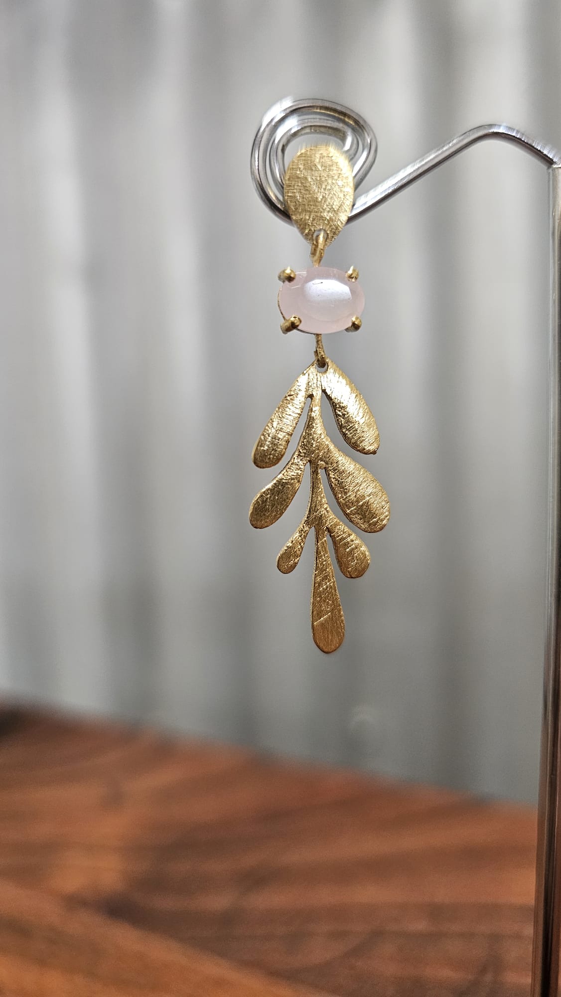 Euro Gold Leaf Earrings- Assorted Gemstones A12 - Rose Quartz