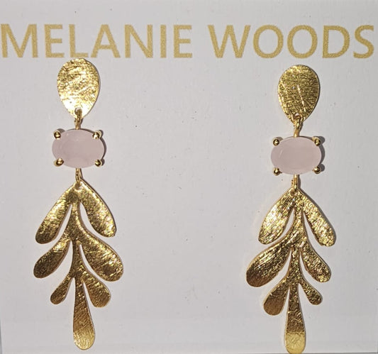 Euro Gold Leaf Earrings- Assorted Gemstones A12 - Rose Quartz