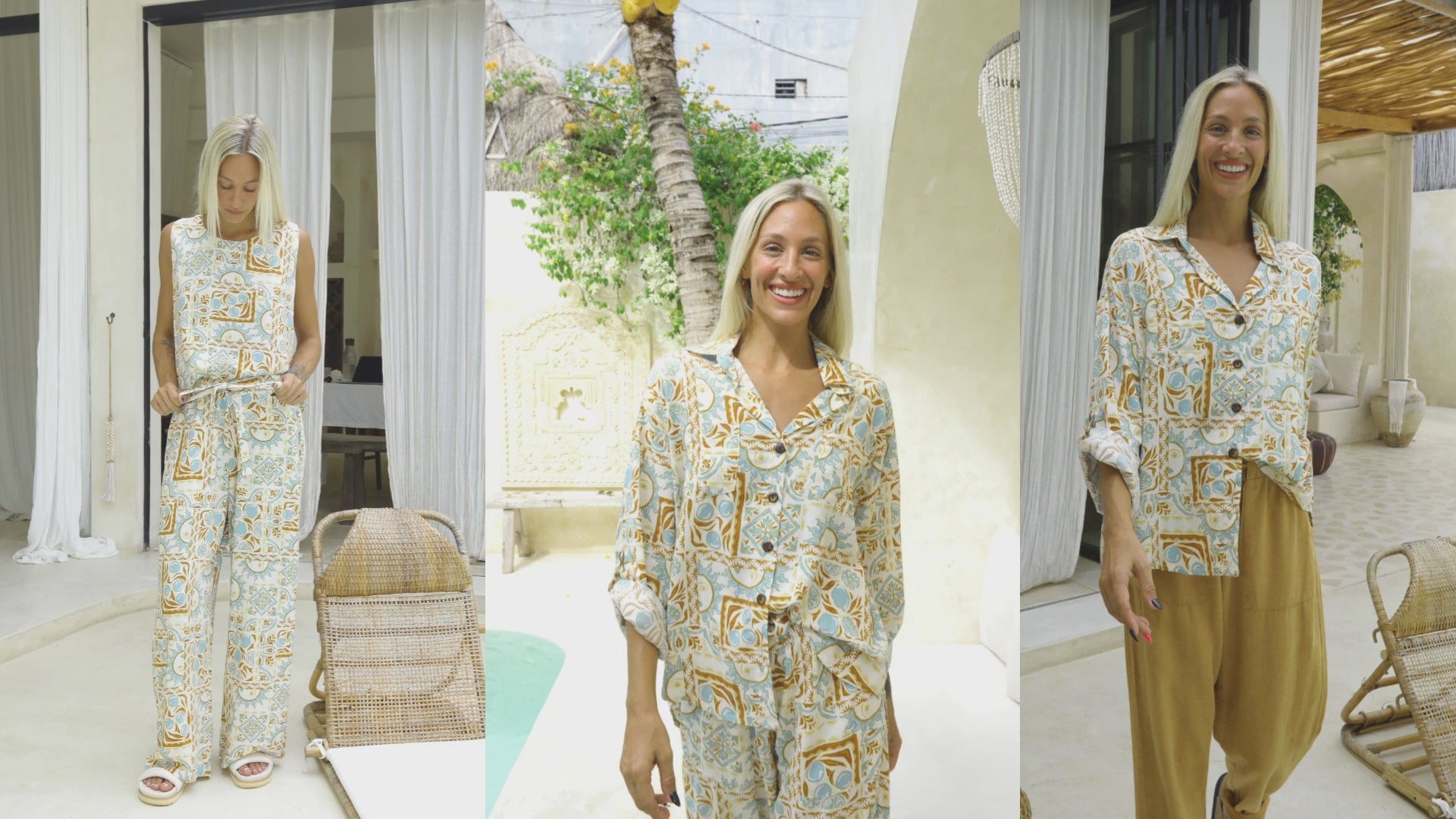 Load video: This collection has 3 pieces. A tank, a 3/4 sleeve collared shirt (sleeves can be unbuttoned to full length) and pants with elastic at back of waistband and flat front with a tie. The main colours are cream, bran and light turquoise. A geometric print with suns.